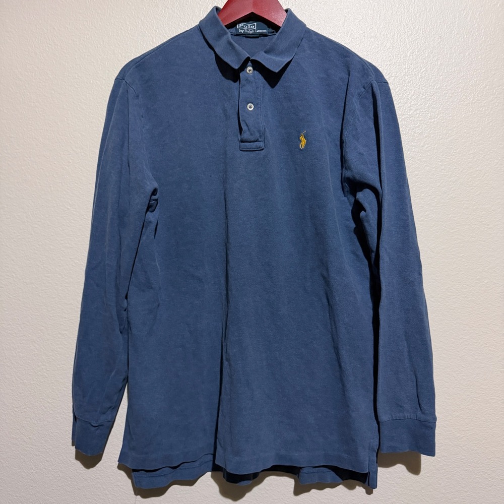 Polo Ralph Lauren Mens Blue Long Sleeve Pique Polo Shirt Size L Yellow Pony Logo